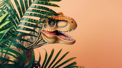 Realistic dinosaur model peeking through green tropical leaves on coral background