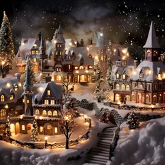 Christmas and New Year miniature town with houses, trees and snowflakes