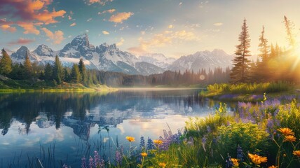 Sunrise over scenic mountain lake surrounded by wildflowers and forest - obrazy, fototapety, plakaty