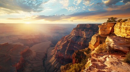 Sunset at vast canyon with stratified rock layers