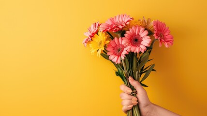 Hand holding colorful bouquet of gerbera flowers against yellow background
