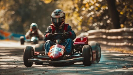 Go-kart racers competing on outdoor track, focus leading driver