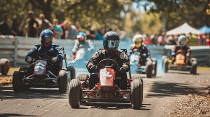 Go-kart racers compete on outdoor track with spectators in background - obrazy, fototapety, plakaty