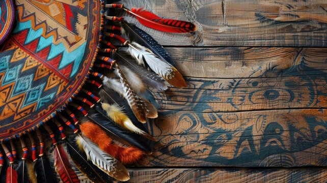 Native American headdress with feathers on wooden background tribal patterns