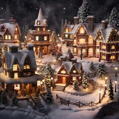Christmas village with wooden houses in the snow. Festive background. 3d rendering