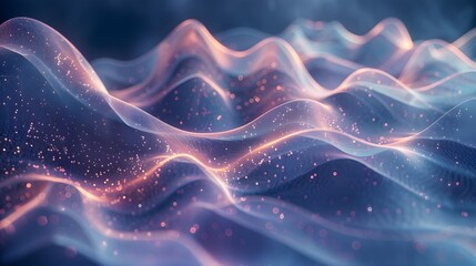 Serene Cosmic Waves, Blue and Pink Abstract Art with Glittering Particles - obrazy, fototapety, plakaty