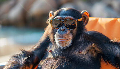 Closeup portrait of funny chimpanzee with sunglasses sitting in a sun lounger and enjoying the sunny weather at the beach.