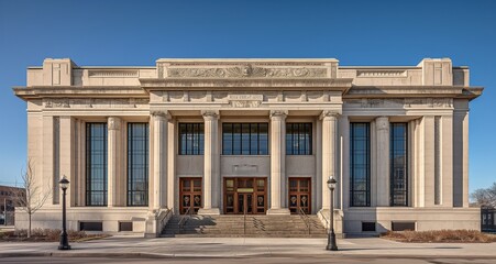 Historic Art Deco courthouse exterior with decorative stone work and grand entrance - obrazy, fototapety, plakaty