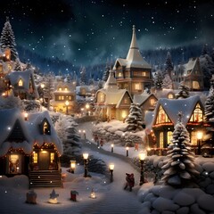 Winter landscape with small village in snow. Christmas and New Year concept.