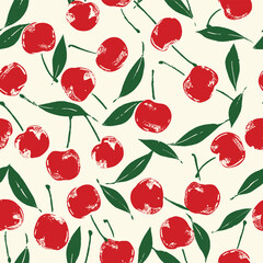 Red Organic Fruit Cherries Seamless Pattern. Cherry Motif Background