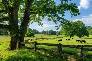 A serene countryside scene with grazing cattle in a verdant pasture, bordered by rustic wooden fences and old oak trees, Generative AI