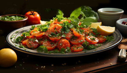View of more assorted salads with tomato lemon on a plate