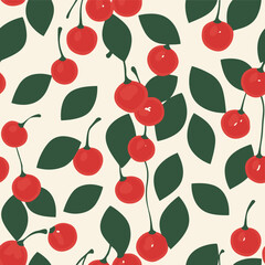 Red Organic Fruit Cherries Seamless Pattern. Cherry Motif Background