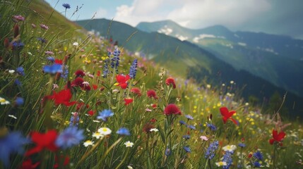 Wild flowers bloom in mountain field