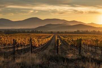 A serene vineyard at sunset, with rows of grapevines casting long shadows across the golden landscape, and the distant silhouette of mountains, Generative AI