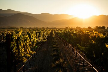 A serene vineyard at sunset, with rows of grapevines casting long shadows across the golden...
