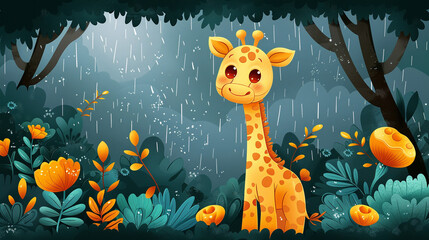 illustration of a giraffe in the rain flat style