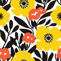 Tropical Spring Summer Yellow Funky Pop Abstract Floral Seamless Pattern