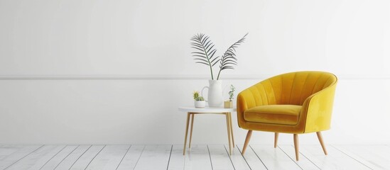 In a bright white room, a solitary yellow chair is placed beside a simple table creating a minimalist and inviting interior