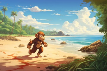 cartoon illustration, a monkey is running on the beach