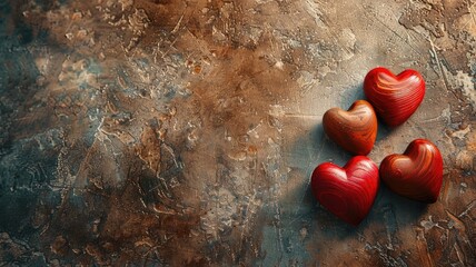 Four red heart-shaped objects on textured brown background - obrazy, fototapety, plakaty