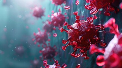 3D rendering of red virus particles against blue backdrop, depicting microscopic view