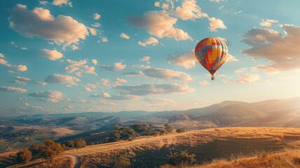 Obraz premium Hot air balloon flying over scenic hills during sunset