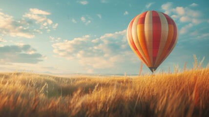 Hot air balloon above golden field at sunrise