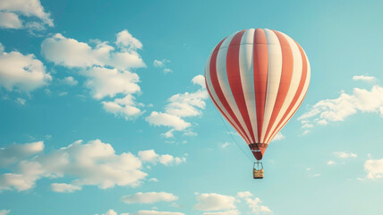 Striped hot air balloon floats in blue sky with few clouds