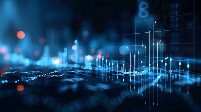 Financial data of business stock market chart or investment profit graph on a dark blue background, including financial chart and candlestick graph analysis.