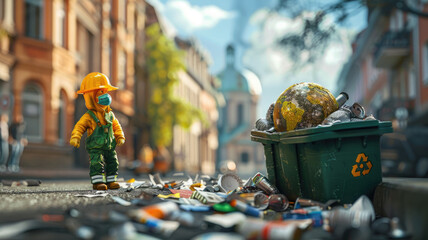 Toy figurine of worker by overflowing trash bin on city street - obrazy, fototapety, plakaty