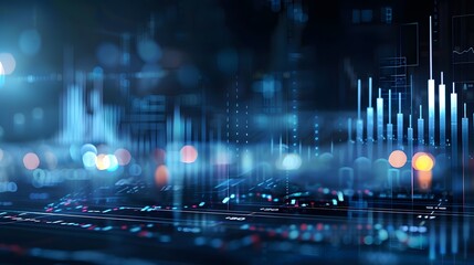 Fototapeta premium Financial data of business stock market chart or investment profit graph on a dark blue background, including financial chart and candlestick graph analysis.