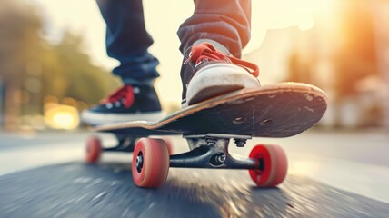 Close-up of person riding skateboard, focus on skateboard and shoes