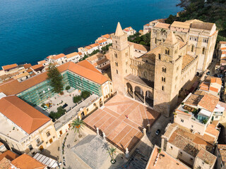 Cefalu, Italy: Aerial view of the Norman mediveval cathedral, also called the Duomo di Cefalu in...