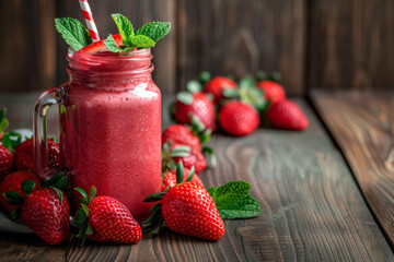 strawberry smoothie in a glass jar and juicy ripe strawberries on a wooden plank table against the background of an old wooden wall