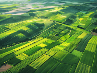 Aerial view of green agricultural fields and meadows