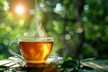 Cup of tea on wooden table with green nature bokeh background