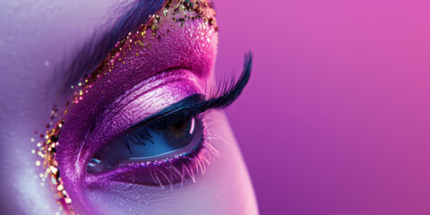 False eyelashes, eyelash extensions, сlose up eyelashes of beautiful woman with bright lilac, purple make-up and gold sparkles
