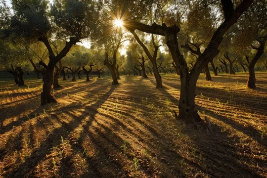 A sun-dappled olive grove with rows of gnarled trees heavy with ripe fruit, casting long shadows on the warm earth below, Generative AI