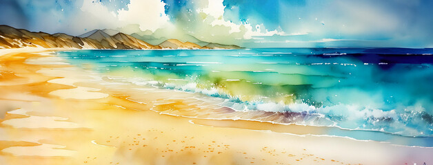Serene beach at sunrise, with waves and a warm palette, evoking peace