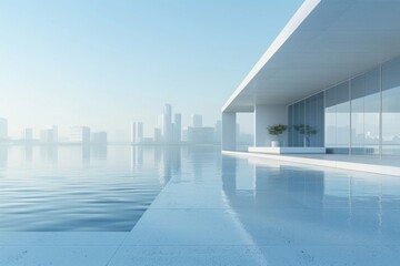 Modern buildings by the lake. The modern urban skyline is in the background.