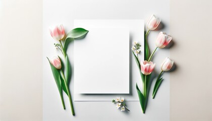 Elegant pink tulips bordering a blank white card on a white background, perfect for copy space.