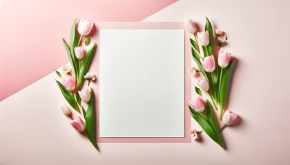 Elegant pink tulips bordering a blank white card on a soft pink background, perfect for copy space.