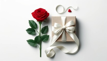 Elegant Gift Box and Rose on White Background.