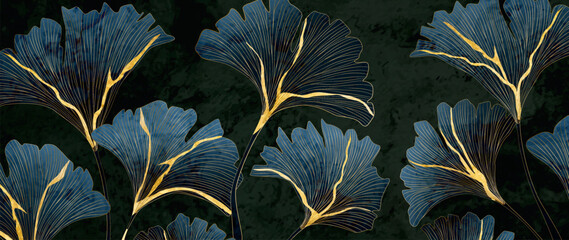 Dark luxury art background with ginkgo leaves with golden elements in kintsugi style. Botanical banner for decoration, print, textile, wallpaper, interior design, poster, packaging.