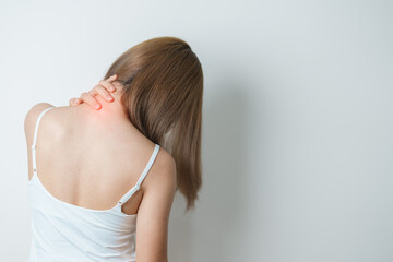 Woman having Neck and Shoulder pain at home. Muscle painful due to Myofascial pain syndrome and...