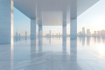 Modern buildings by the lake. The modern urban skyline is in the background.