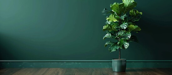 A vibrant green plant is placed in a decorative pot on a rustic wooden floor - obrazy, fototapety, plakaty