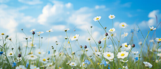 Beautiful meadow close-up of small white and blue daisy blooming flowers on cloudy sky and spring summer day background. Colorful and bright natural pastoral landscape.