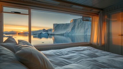 A restful night in a warm and cozy cabin with the mesmerizing sight of the midnight sun reflecting off the icebergs outside. 2d flat cartoon.